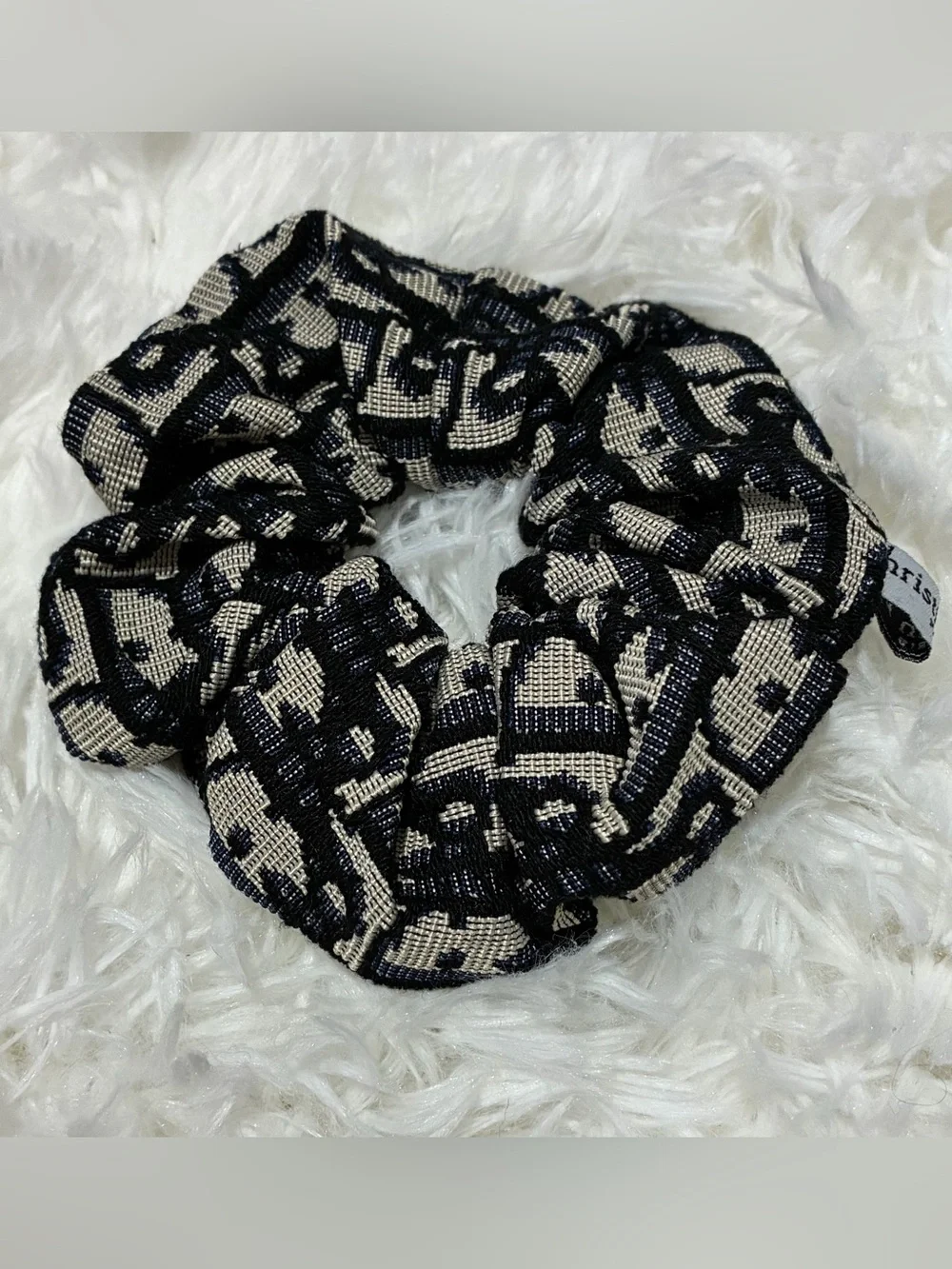 Black and Beige Dior Logo-Pattern Hair Scrunchie